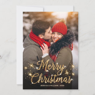 Merry Christmas Gold Sparkle Script PHOTO Greeting Holiday Card