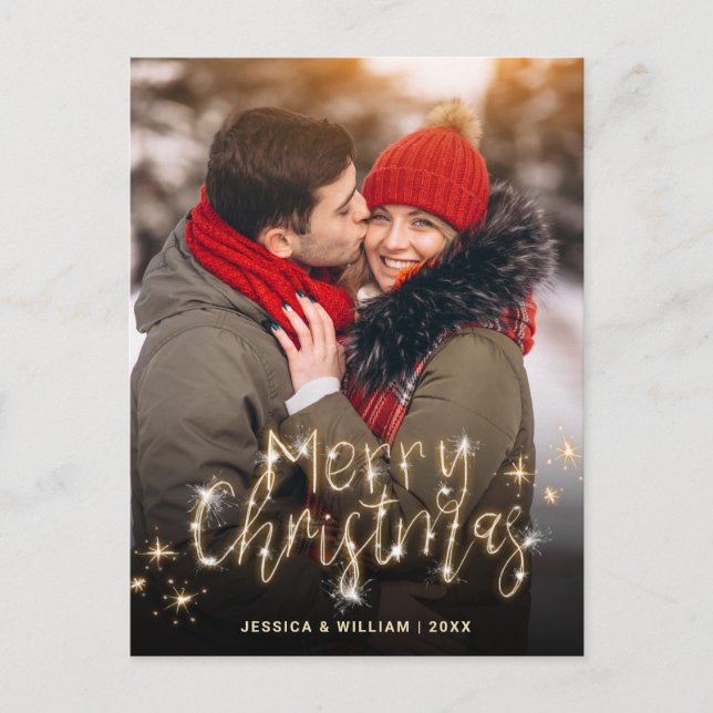 Merry Christmas Gold Sparkle Script PHOTO Greeting Holiday Postcard (Front)