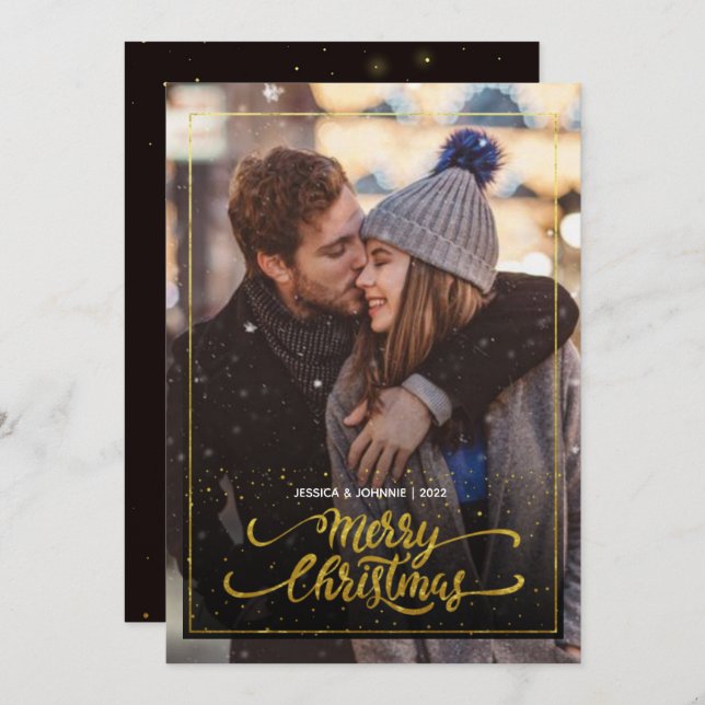 Merry Christmas Gold Sparkle Script PHOTO Greeting Invitation (Front/Back)