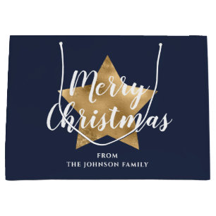 Merry Christmas Gold Star Navy Blue Large Gift Bag
