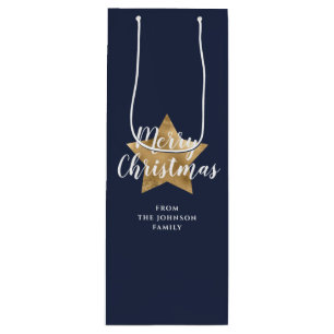 Merry Christmas Gold Star Navy Blue Wine Gift Bag