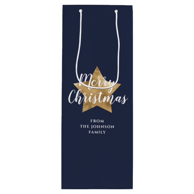 Merry Christmas Gold Star Navy Blue Wine Gift Bag (Front)