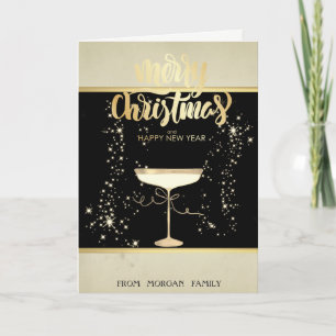 Merry Christmas,Gold Stars Champagne Glass Holiday Card