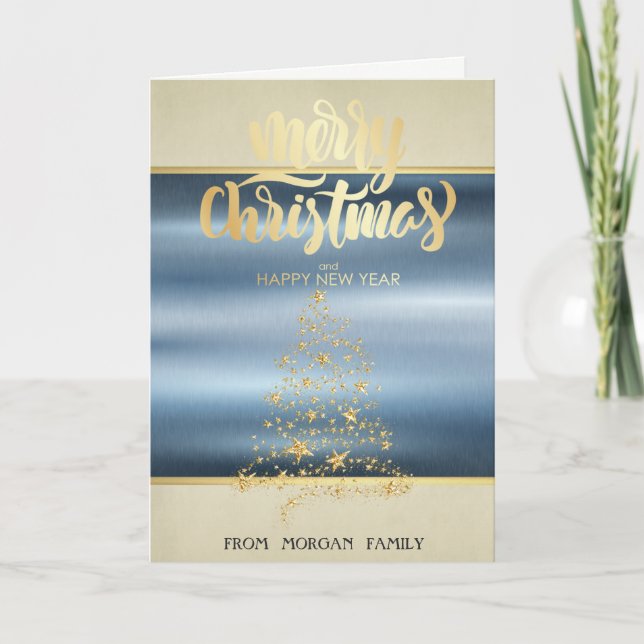 Merry Christmas,Gold Stars Christmas Tree Blue Holiday Card (Front)
