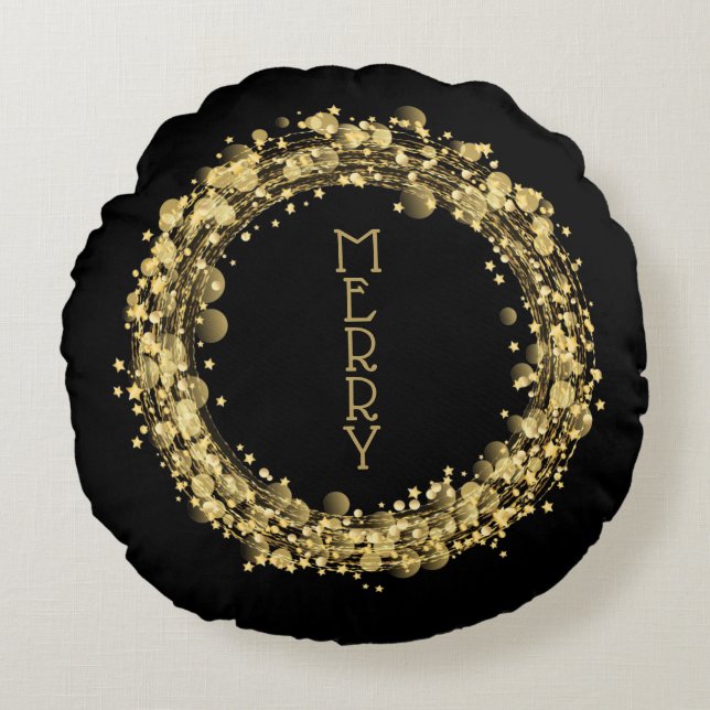 Merry Christmas Gold Stars on Black Round Pillow (Front)