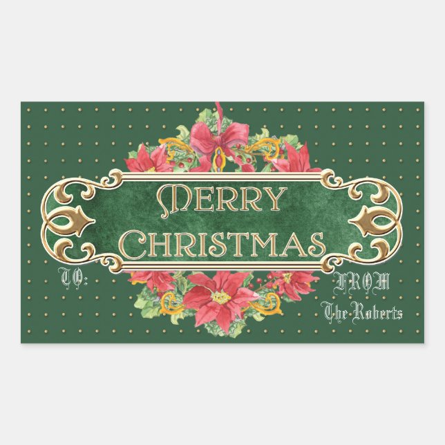 Merry Christmas Gold Swirl Poinsettia Wreath Jewel Sticker (Front)