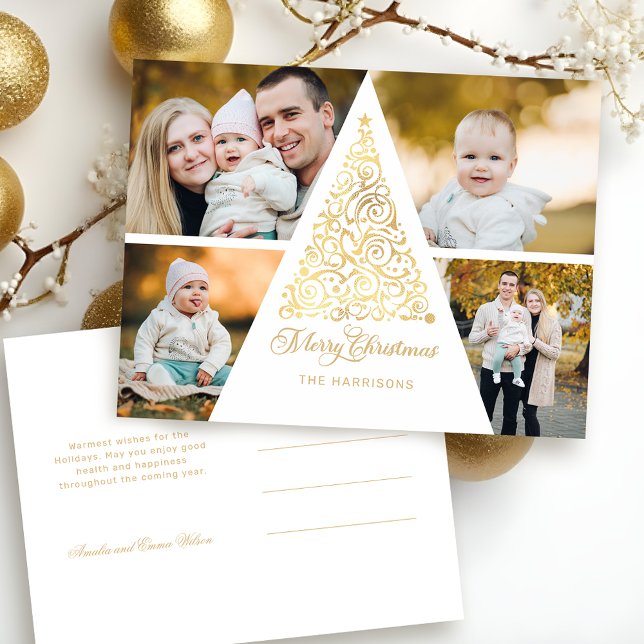 Merry Christmas Gold Swirl Tree 4 Photo Collage Holiday Postcard (Creator Uploaded)