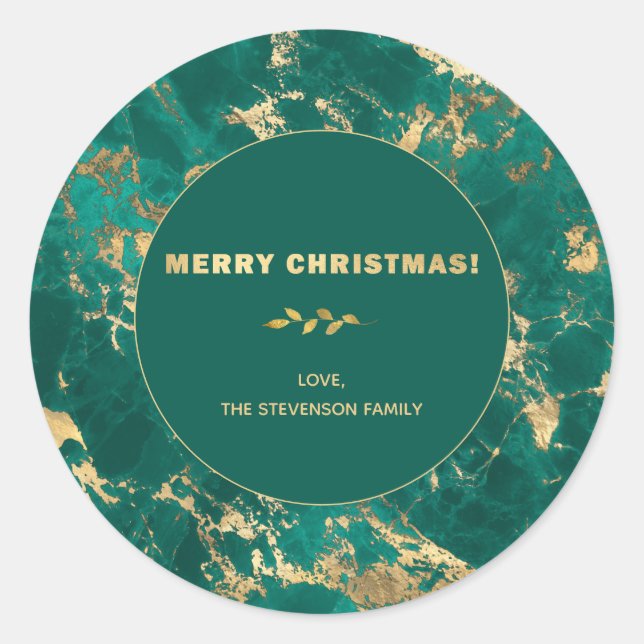 Merry Christmas Gold Teal Marble Personalize Classic Round Sticker (Front)