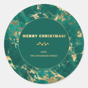 Merry Christmas Gold Teal Marble Personalize Classic Round Sticker