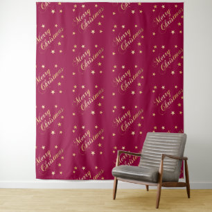 Merry Christmas Gold Tones Stars Burgundy Elegant Tapestry
