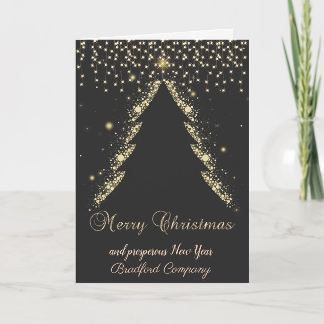 Merry Christmas, Gold Tree, Lights Black Company Holiday Card (Front)