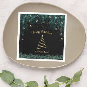 Merry Christmas Gold Tree & Pine Branches Napkin