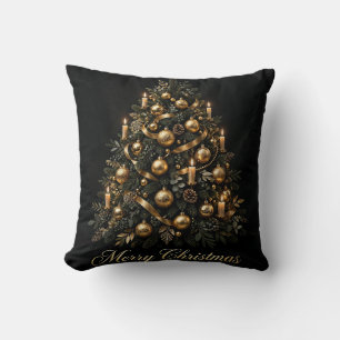 Merry Christmas Gold Tree Throw Pillow