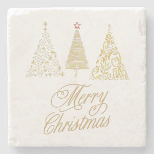 MERRY CHRISTMAS GOLD TREES ROUND PILLOW STONE COASTER