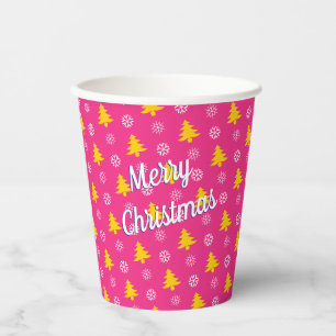 Merry Christmas, Gold Trees & Snow Flakes Paper Cups