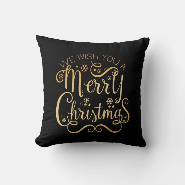 Merry Christmas Gold Typography Black Chic Throw Pillow (Front)