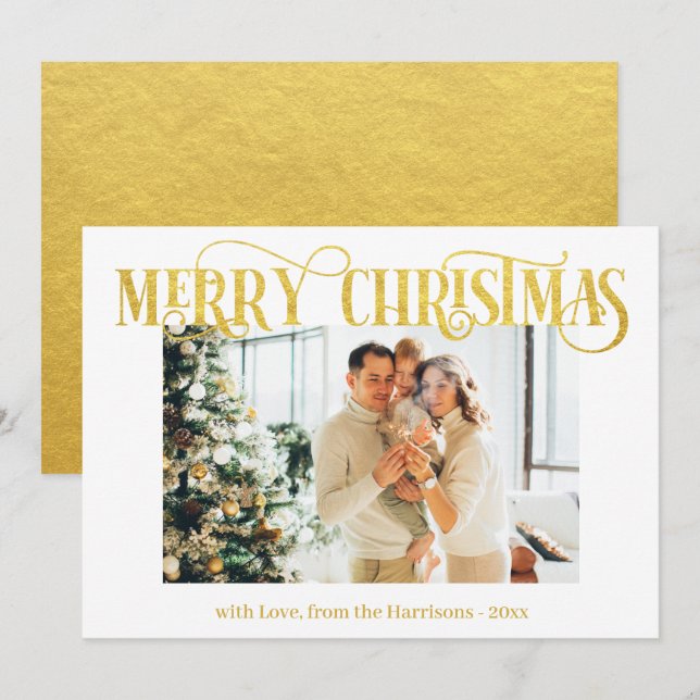 Merry Christmas Gold Typography Modern Photo  Holiday Card (Front/Back)
