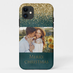 Merry Christmas Gold Typography Photo Glitter iPhone 11 Case