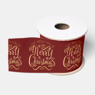 Merry Christmas Gold Typography Red Holiday Grosgrain Ribbon