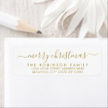 Merry Christmas Gold White Script Return Address<br><div class="desc">Modern Elegant Gold and White Family  Name Merry Christmas Script Return Address Labels. Featuring a pretty hand-written calligraphy swash-tail font script with saying "Merry Christmas". Great for Christmas holiday season,  easy to personalize them with your names and return address info.</div>