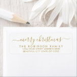 Merry Christmas Gold White Script Return Address<br><div class="desc">Modern Elegant Gold and White Family  Name Merry Christmas Script Return Address Labels. Featuring a pretty hand-written calligraphy swash-tail font script with saying "Merry Christmas". Great for Christmas holiday season,  easy to personalize them with your names and return address info.</div>