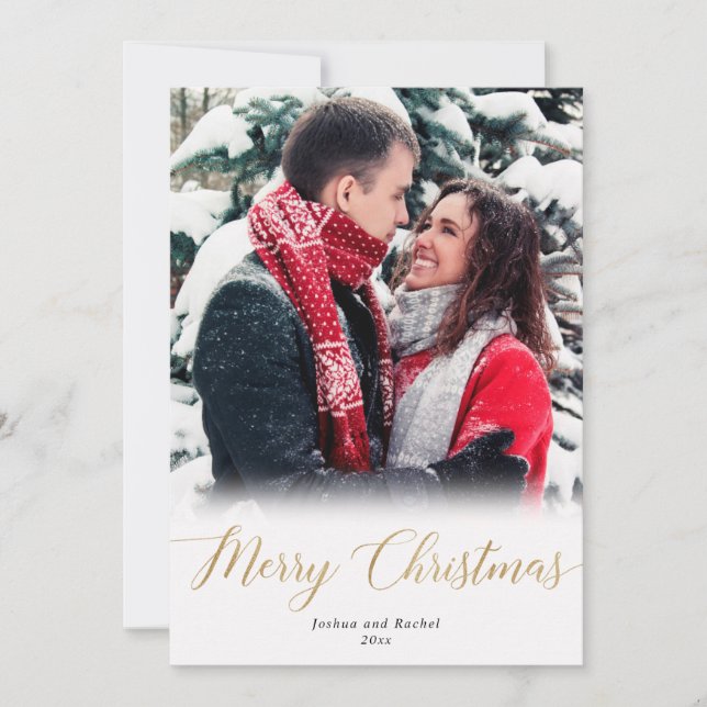 Merry Christmas gold white simple photo card (Front)