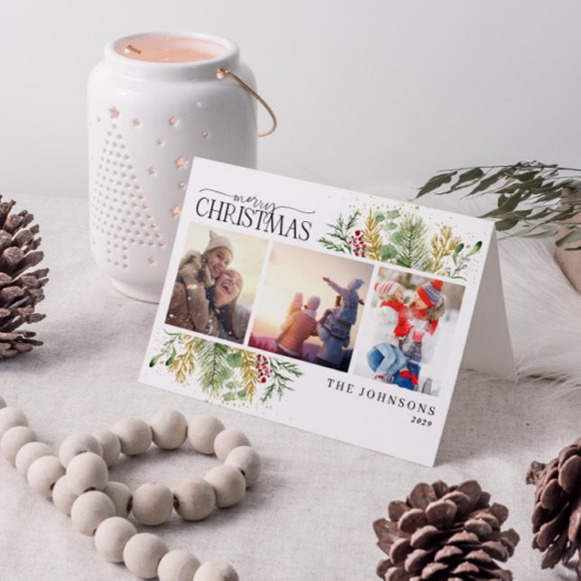 Merry Christmas Gold Winter Botanical Photo Holida Holiday Card (Get into the holiday spirit with a heartfelt folded christmas card! 🎅)