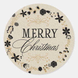 Merry Christmas Gold Wreath Holiday Favour Treat Classic Round Sticker
