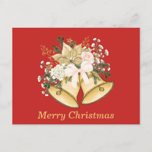 Merry Christmas Golden Bells Roses Floral Holiday Postcard
