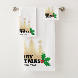 Merry Christmas Golden Christmas Trees  Bath Towel Set