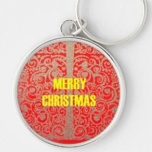 Merry Christmas Golden Red Snow Glitter Hearts Art Keychain