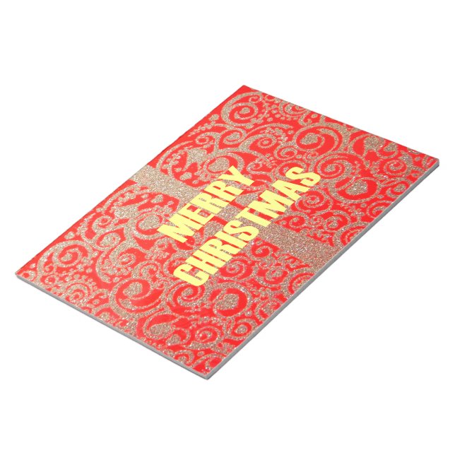 Merry Christmas Golden Red Snow Glitter Hearts Art Notepad (Angled)
