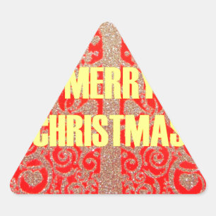 Merry Christmas Golden Red Snow Glitter Hearts Art Triangle Sticker