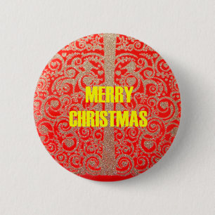 Merry Christmas Golden Red Snow Hearts 2 Inch Round Button