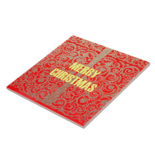 Merry Christmas Golden Red Snow Hearts Tile