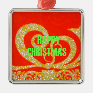 Merry Christmas Golden Red Snowflex.jpg Metal Ornament