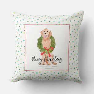 Merry Christmas Golden Retriever Dog Wreath Holly Throw Pillow