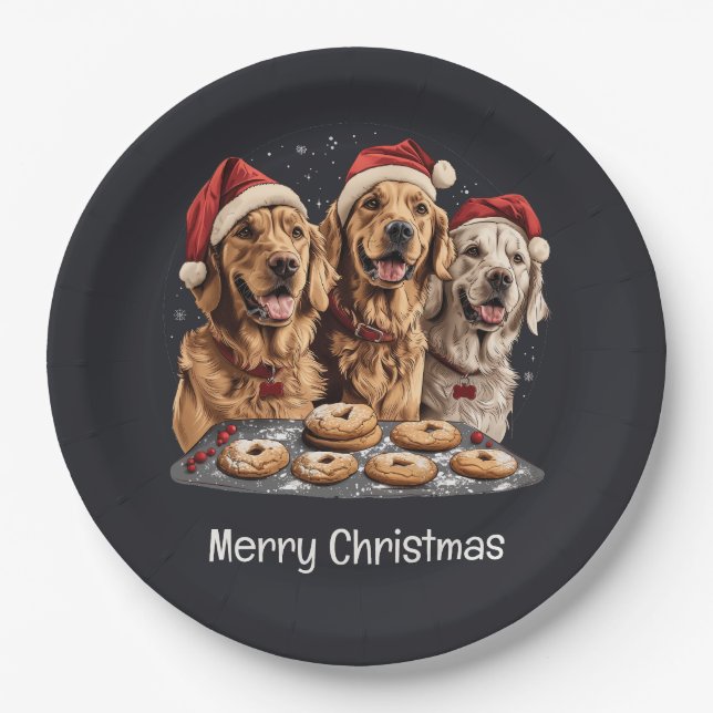 Merry Christmas Golden Retriever Dogs Baking Paper Plate (Front)