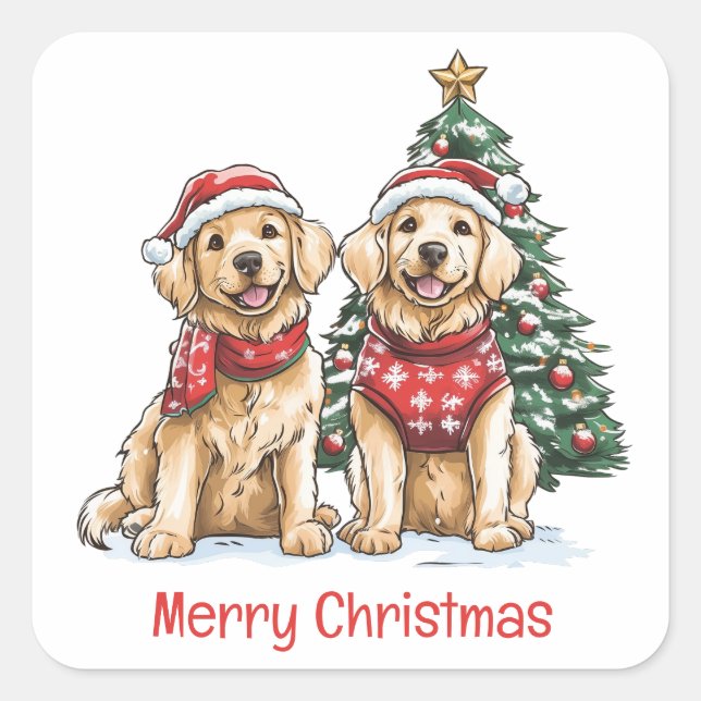 Merry Christmas Golden Retriever Dogs Square Sticker (Front)