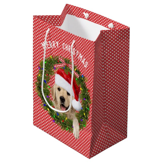 Merry Christmas Golden Retriever on polka dots Medium Gift Bag (Front Angled)