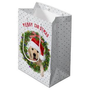 Merry Christmas Golden Retriever on polka dots Medium Gift Bag