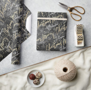 Merry Christmas Golden Script From Name Black  Wrapping Paper