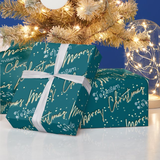 Merry Christmas Golden Script From Name Blue Teal  Wrapping Paper (Holidays)