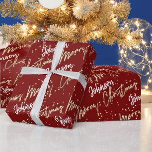 Merry Christmas Golden Script From Name Burgundy Wrapping Paper