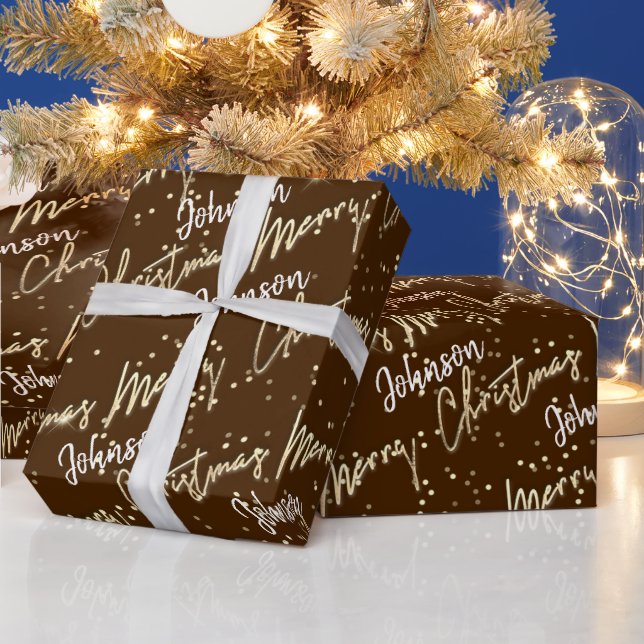 Merry Christmas Golden Script From Name Chocolate  Wrapping Paper (Holidays)