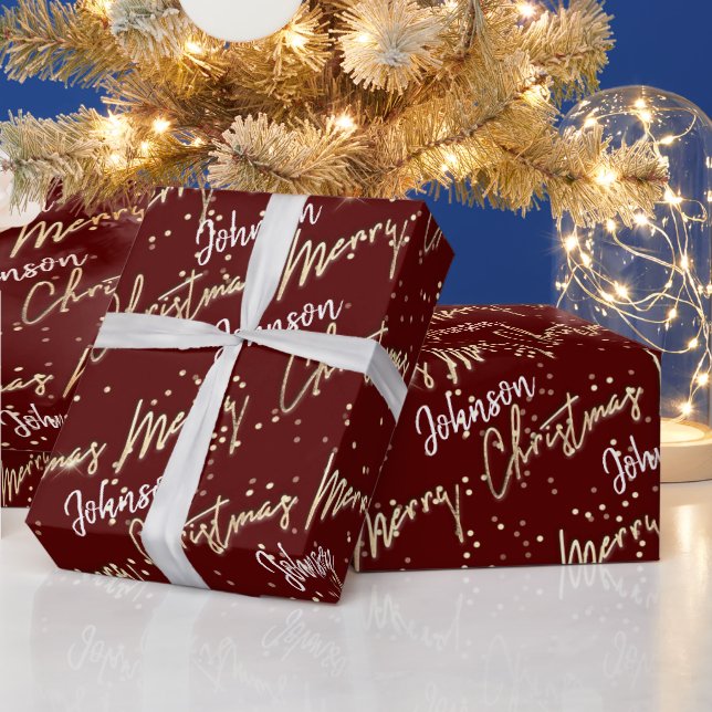 Merry Christmas Golden Script From Name Maroon Red Wrapping Paper (Holidays)
