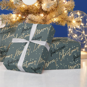 Merry Christmas Golden Script Name Black Grey  Wrapping Paper