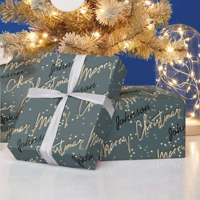 Merry Christmas Golden Script Name Black Grey  Wrapping Paper (Holidays)