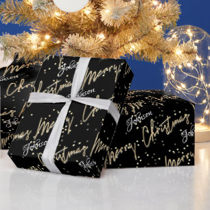 Merry Christmas Golden Script Name Black Wrapping Paper