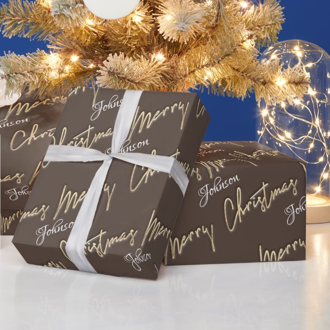 Merry Christmas Golden Script Name Brown Ivory Wrapping Paper (Holidays)